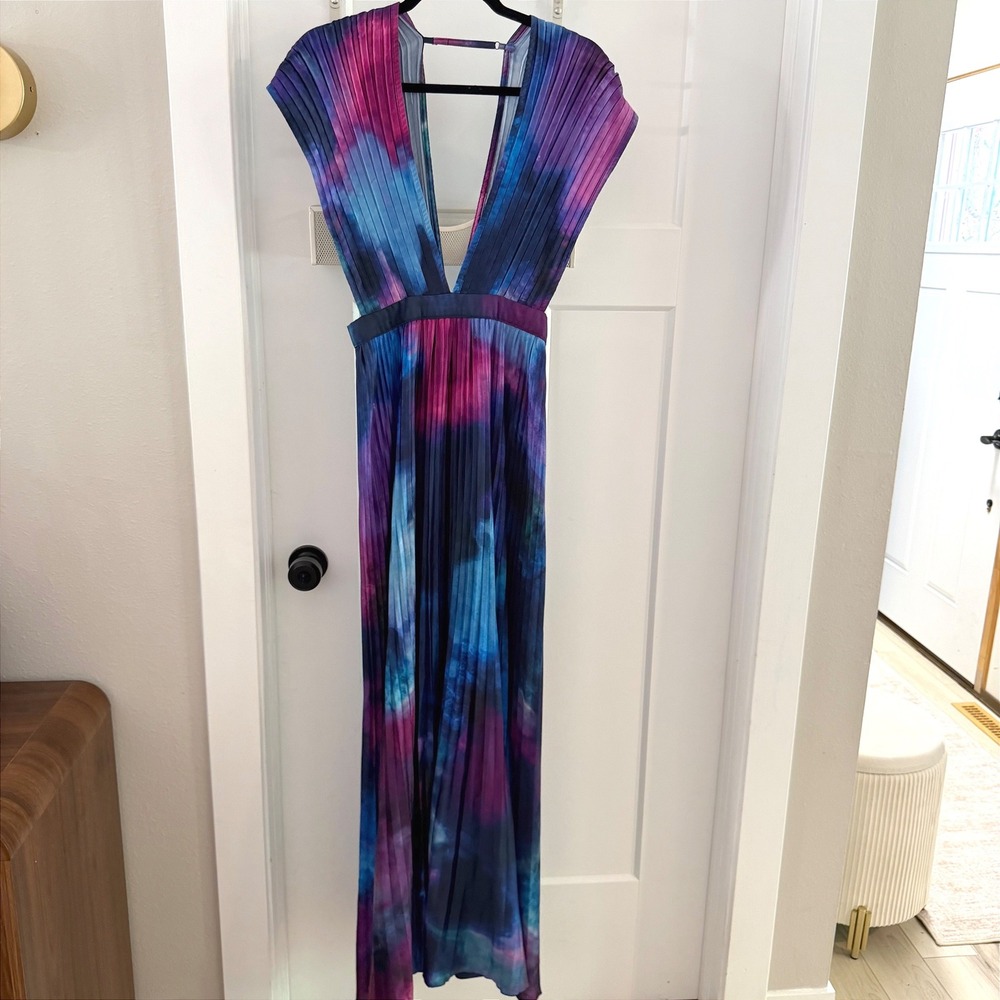 L'IDEE Woman Printed Gala Gown Blue Purple Pleated Maxi Dress UK 8 US 4 Ethereal